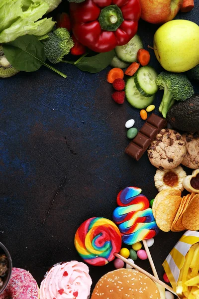 Cibo Sano Malsano Concetto Foto Cibo Sano Malsano Frutta Verdura — Foto Stock