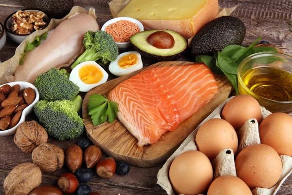 Alimentación Saludable Concepto Dieta Natural Rica Alimentos Proteicos Mesa Con —  Fotos de Stock
