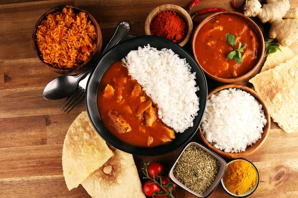 Chicken Tikka Masala Würziges Curry Fleisch Topf Mit Reis Und — Stockfoto