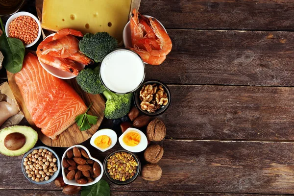 Alimentación Saludable Concepto Dieta Natural Rico Alimentos Proteicos Mesa —  Fotos de Stock