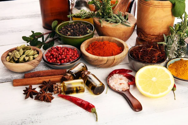 Spices Herbs Table Food Cuisine Ingredients Table — Stock Photo, Image