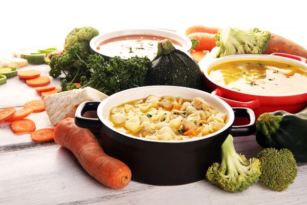 Conjunto Tres Sopas Cocina Mundial Comida Saludable Caldo Con Fideos — Foto de Stock