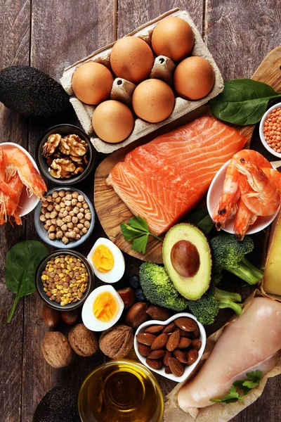 Egészséges Táplálkozás Diéta Koncepció Természetes Gazdag Fehérje Élelmiszer Asztalon — Stock Fotó