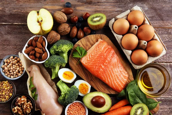 Hälsosam Kost Och Kost Koncept Naturligt Rik Proteinmat Bordet — Stockfoto