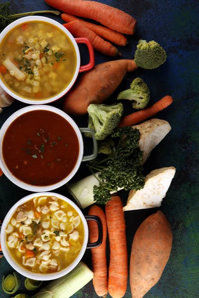 Σετ Από Τρεις Σούπες Από Την Παγκόσμια Κουζίνα Υγιεινά Τρόφιμα — Φωτογραφία Αρχείου
