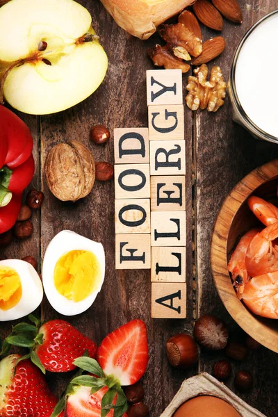 Concept Aliments Allergiques Aliments Allergiques Comme Les Amandes Lait Fromage — Photo