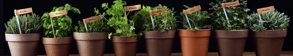 Homegrown Aromatic Herbs Old Clay Pots Set Culinary Herbs Green — Stockfoto