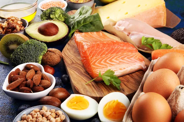 Hälsosam Kost Och Kost Koncept Naturligt Rik Proteinmat Bordet — Stockfoto