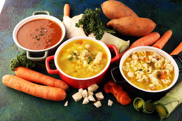 Set Van Drie Soepen Uit Hele Wereld Gezond Eten Bouillon — Stockfoto