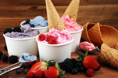 Çeşitli dondurma aromalı yabanmersini, çilek, böğürtlen aromalı kırsal alanda. Yaz ve Tatlı menü konsepti. Çilek ve dondurma.