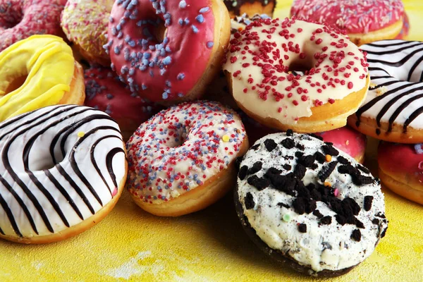Assorted Donuts Chocolate Frosted Pink Glazed Sprinkles Donuts Stock Photo