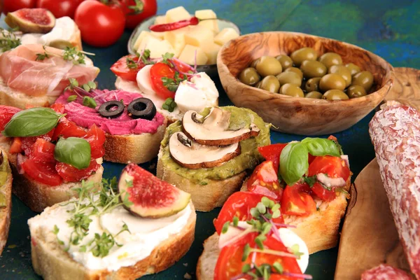 Assorted Bruschetta Various Toppings Appetizing Bruschetta Crudo Crostini Variety Small — Stock Photo, Image