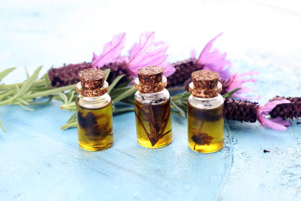 Lavender Herbal Oil Lavender Flowers Bottle Lavender Massage Oil Aromatherapy — Stock Photo, Image