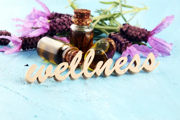 Lavender Herbal Oil Lavender Flowers Bottle Lavender Massage Oil Aromatherapy — Stock Photo, Image