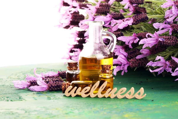 Lavender Herbal Oil Lavender Flowers Bottle Lavender Massage Oil Aromatherapy — Stock Photo, Image