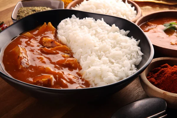 Chicken Tikka Masala Würziges Curry Fleisch Topf Mit Reis Und — Stockfoto