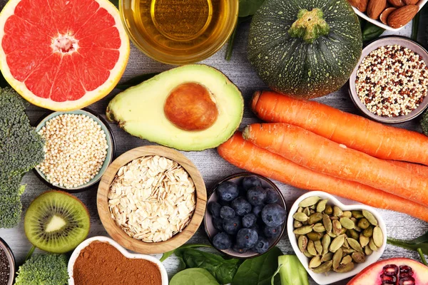 Selección Alimentos Sanos Limpios Frutas Verduras Semillas Superalimentos Cereales Verduras — Foto de Stock