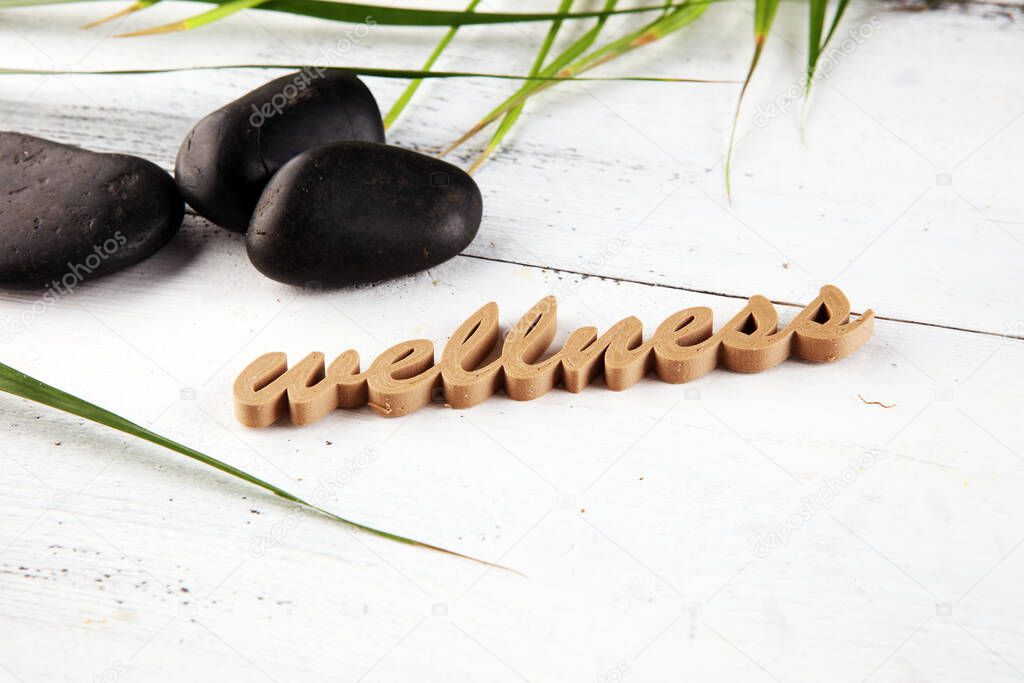 Wellness sign with wooden letters with leaves and stones. Relax therapy spa wellness concept