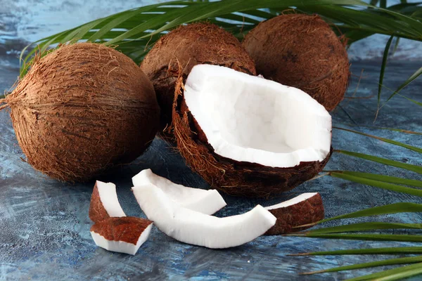 Čerstvý Syrový Kokos Palmovými Listy Pozadí Zralé Kokosové Plody — Stock fotografie