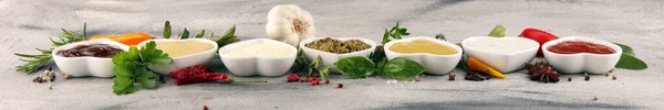 Assortimento Salse Set Varie Salse Ciotole Con Ketchup Maionese Pesto — Foto Stock