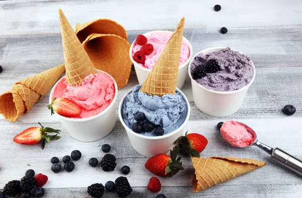 Various Ice Cream Flavors Blueberry Strawberry Blackberry Setup Rustic Background — Stock Photo, Image