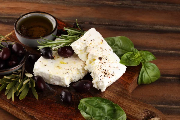 Brânză Grecească Feta Rozmarin Măsline Ingredient Sănătos Pentru Salata Gătit — Fotografie, imagine de stoc