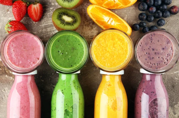 Smoothie Variation Healthy Lifestyle Concept Several Bottles Fruit Berry Juices — Stock Photo, Image