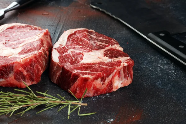 Two Fresh Raw Rib Eye Steak Rosmary Rustic Style Background — Stock Photo, Image
