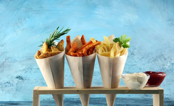 Variety Potatoes Fries Potato Wedges French Fries Sweet Potato Lunch — Stock Photo, Image