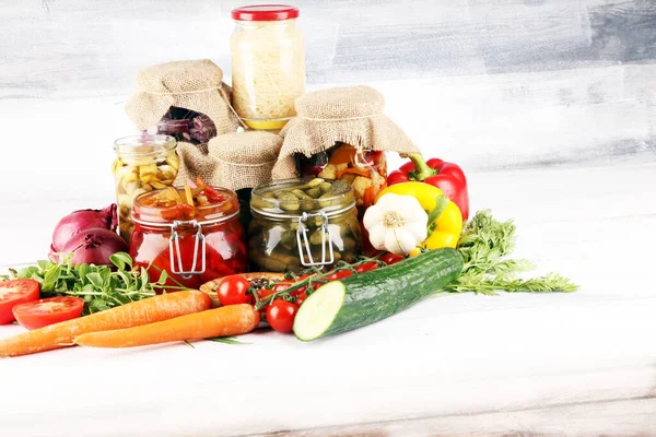 Preserves Vegetables Glass Jars Pickled Cucumber Carrot Fermented Cabbage Onions — Stock Photo, Image