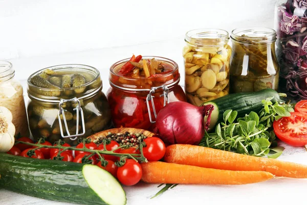 Preserves Vegetables Glass Jars Pickled Cucumber Carrot Fermented Cabbage Onions — Stock Photo, Image