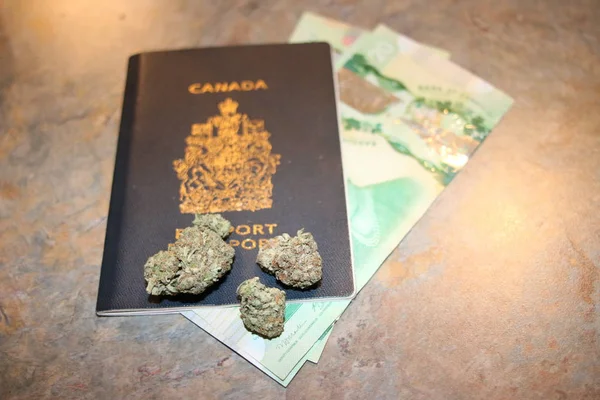 Νομιμοποίηση κάνναβης για ψυχαγωγική χρήση στον Καναδά. Η εθνική καναδική σημαία από ξηρό ζιζάνιο πάνω στο καφέ ξύλινο φόντο. Η εικόνα συμβολίζει τους νόμιμους νόμους της χώρας για τη μαριχουάνα — Φωτογραφία Αρχείου