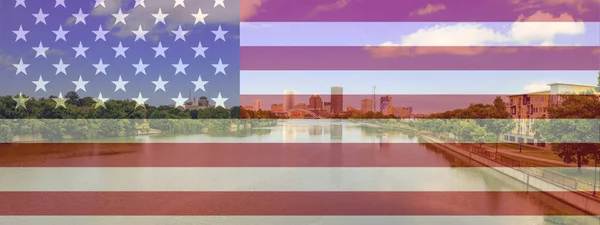 Rochester New York Panoraması Usa bayrağı birleşimiyle — Stok fotoğraf