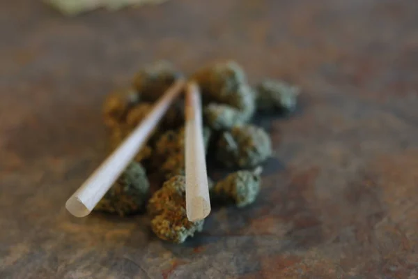 Primer plano de la marihuana seca y cigarrillo hecho a mano en el cenicero . —  Fotos de Stock
