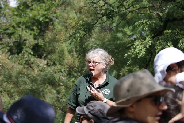 Toronto Canada, August 24 2019: The cheetah zoo keeper speaks to a crowd around the habitat about the care regime of the cheetah. The zoo keeper talks are popular at Toronto zoo — Stock Photo, Image