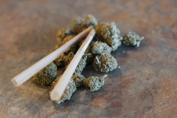 Nahaufnahme von getrocknetem Marihuana und handgemachter Zigarette im Aschenbecher. — Stockfoto