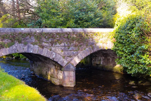 Il piccolo ruscello e il ponte di pietra ad arco nell'antico sito monastico di Glendalough nelle montagne di Wicklow in Irlanda — Foto Stock