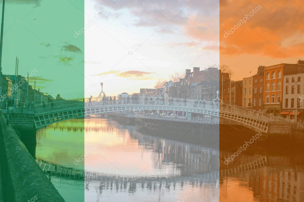 The flag of Ireland as a composite over hapenny bridge in Dublin
