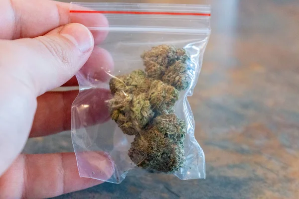 Marihuana-Knospen schwappen aus einem Baggie auf weißem Hintergrund — Stockfoto