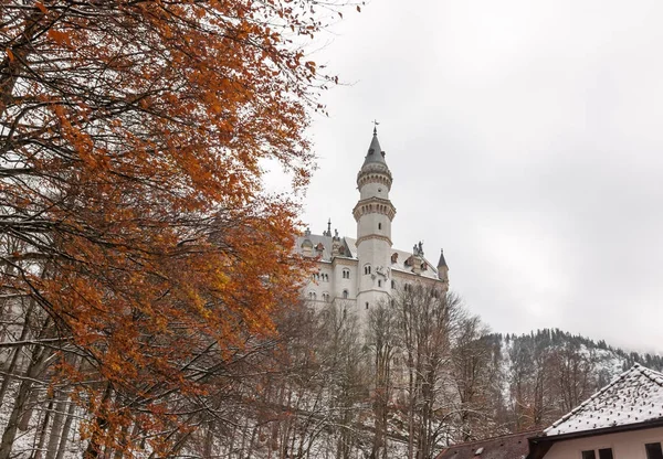 Karda Neuschwanstein Şatosu ile sonbahar yaprakları