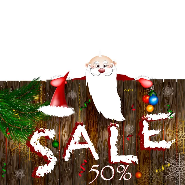 Dibujos animados de Santa Claus sobre un fondo de madera . — Vector de stock