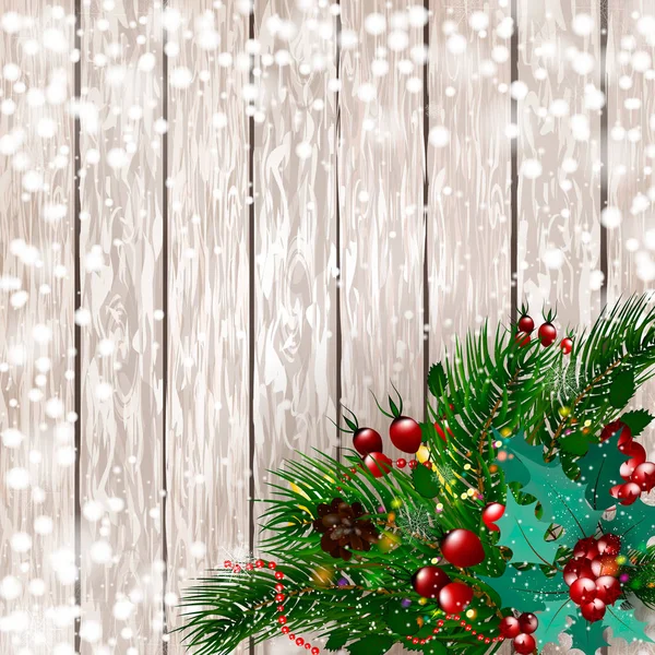 Счастливого Рождества. Рождественская открытка со снежными еловыми ветвями с красными ягодами, рождественские украшения на деревянном фоне. С Новым годом, векторная иллюстрация. S10 — стоковый вектор