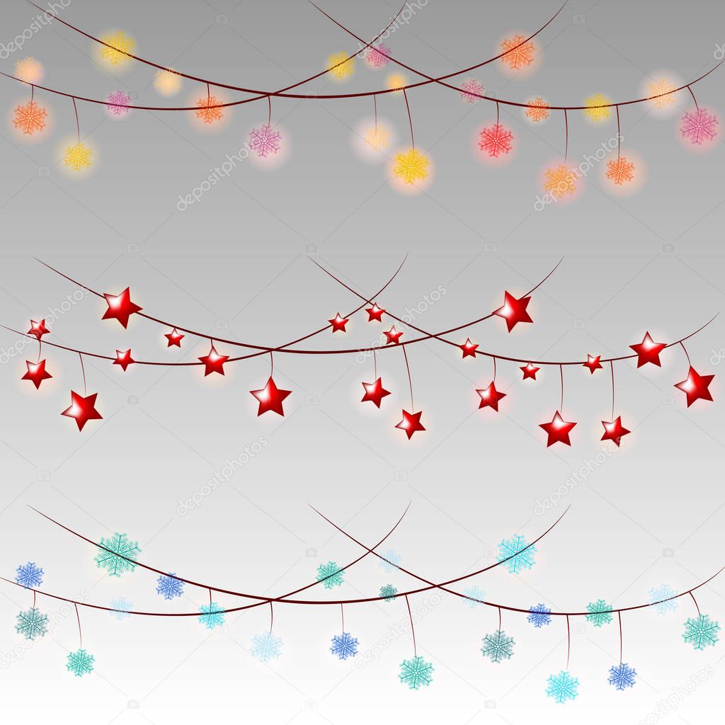 Set of color garlands, Christmas decorations lights effects isolated on grey background.