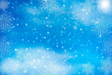 Kış mavi gökyüzü ile yağan kar, kar tanesi. 