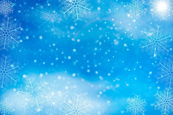 Céu azul de inverno com neve caindo, floco de neve . — Vetor de Stock