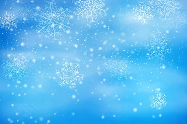 Winter blue sky with falling snow, snowflake. — Stock Vector