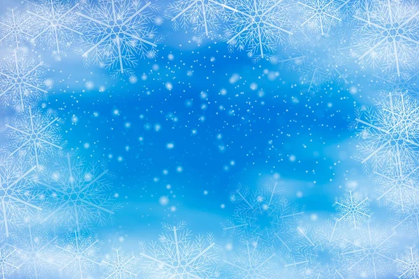 Cielo azul de invierno con nieve que cae, copo de nieve . — Vector de stock