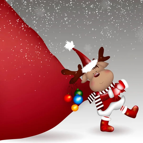 クリスマスの鹿はギフトの巨大な袋を引っ張って — ストック写真