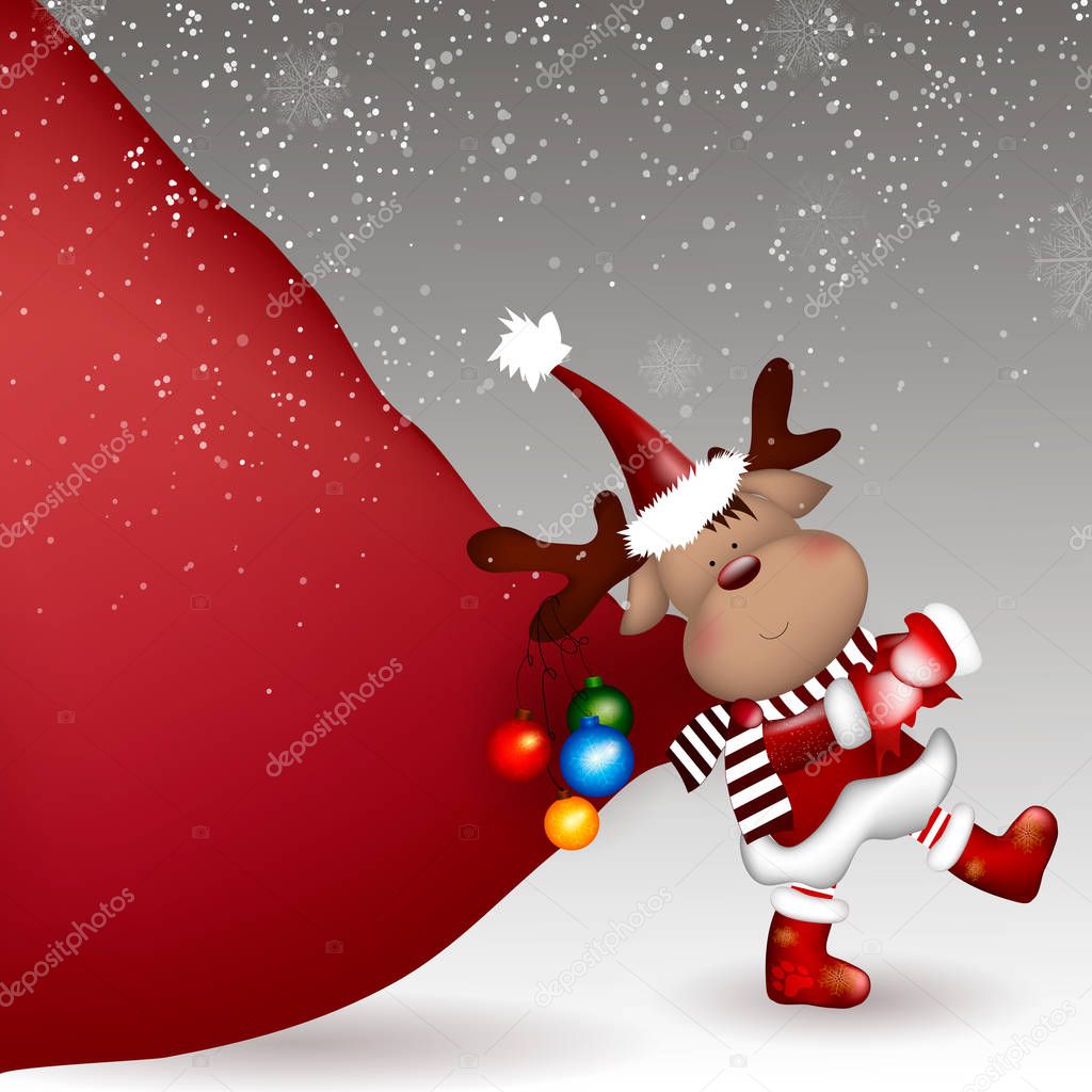 Christmas Deer pulling huge bag of gifts