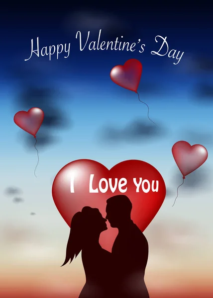 Ilustración vectorial, escena romántica del concepto de San Valentín. Silueta pareja amor besos con hermoso cielo fondo . — Vector de stock